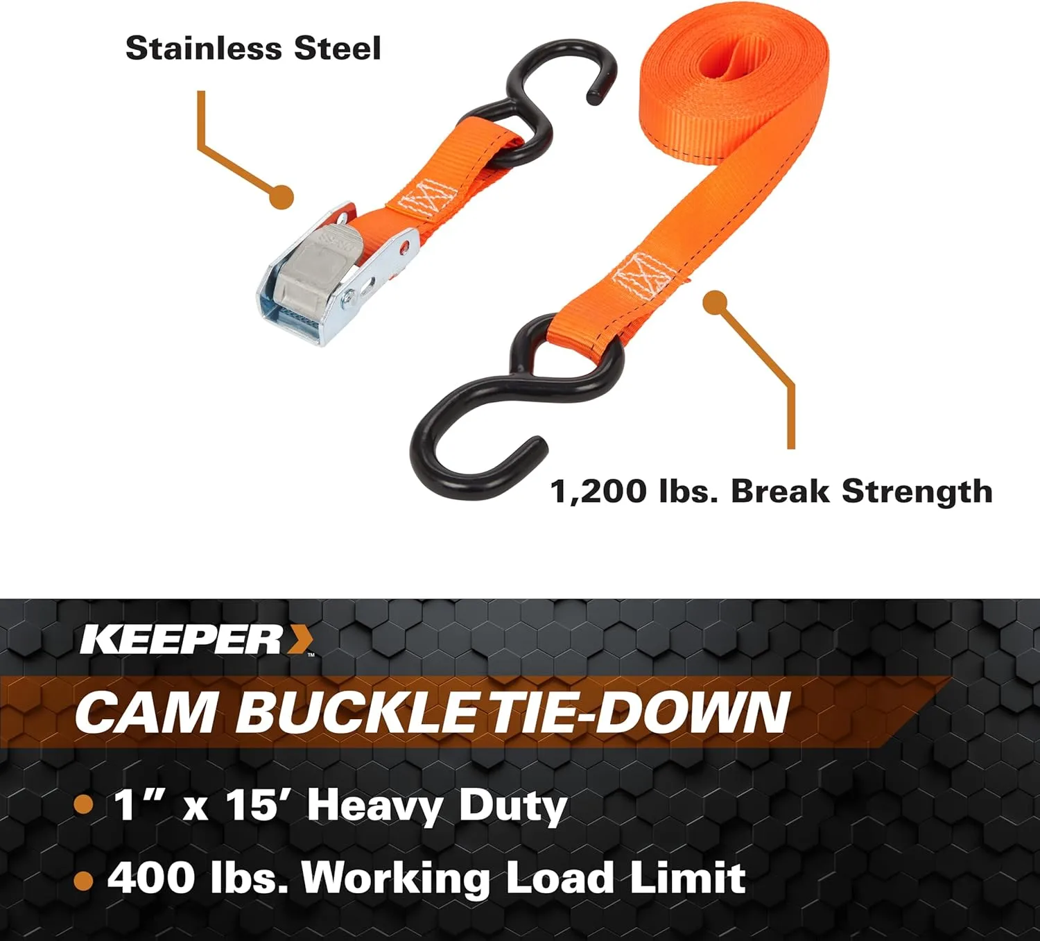 KEEPER 1-inch Cam Buckle Tie-Down with S Hooks