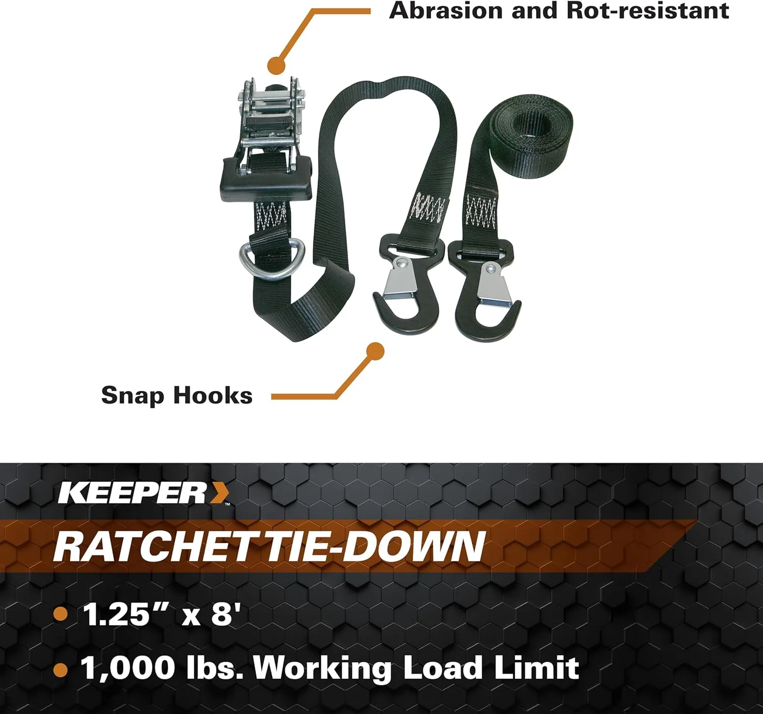 Keeper – 1.25” x 8' High Tension Ratchet Tie-Down with Snap Hooks, 2 Pack - 1,000 lbs. Working Load Limit No Size
