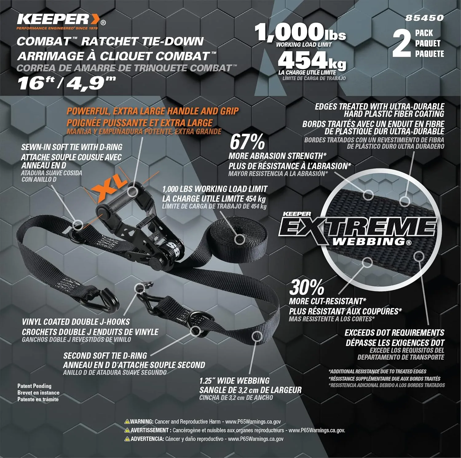 KEEPER Extreme Webbing Combat Ratchet Tie-Downs with Double J Hooks