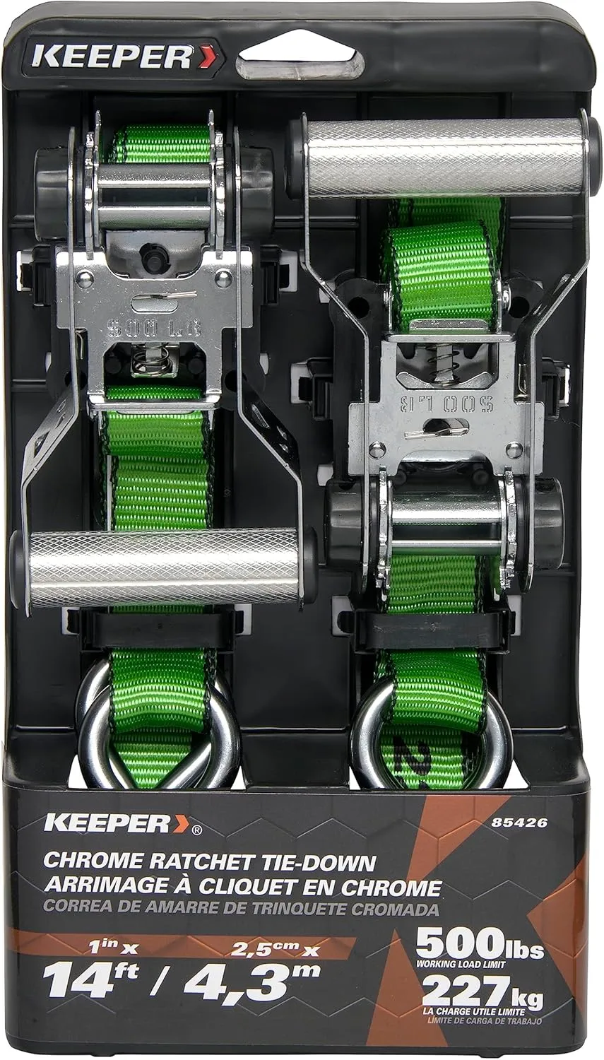 KEEPER Chrome Ratchet Tie-Downs with J-Hooks, Bright Green Webbing, 2-Pack