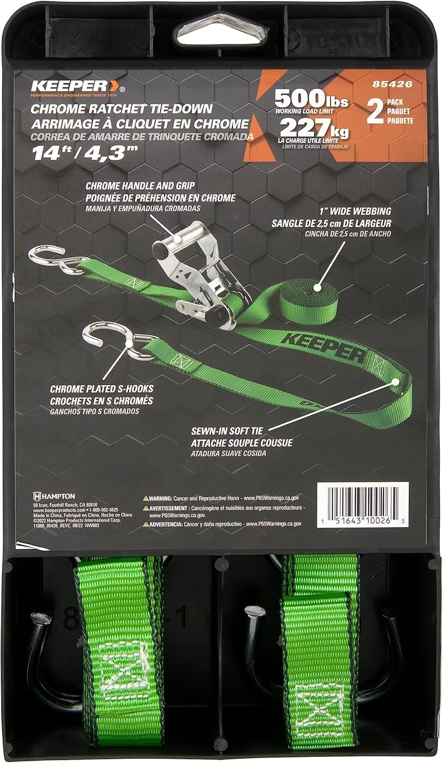 KEEPER Chrome Ratchet Tie-Downs with J-Hooks, Bright Green Webbing, 2-Pack