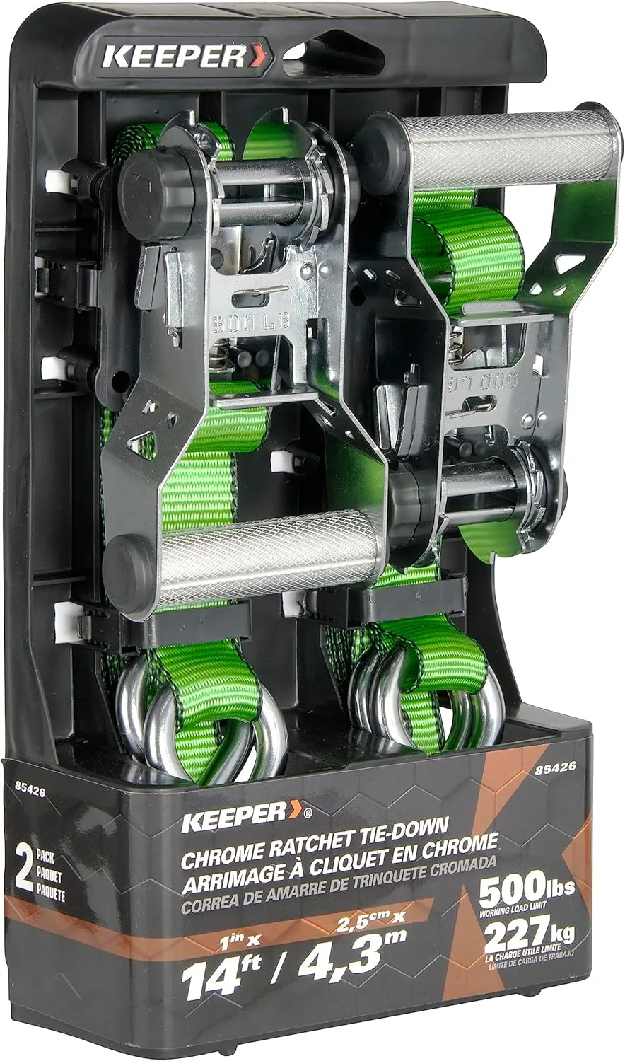 KEEPER Chrome Ratchet Tie-Downs with J-Hooks, Bright Green Webbing, 2-Pack