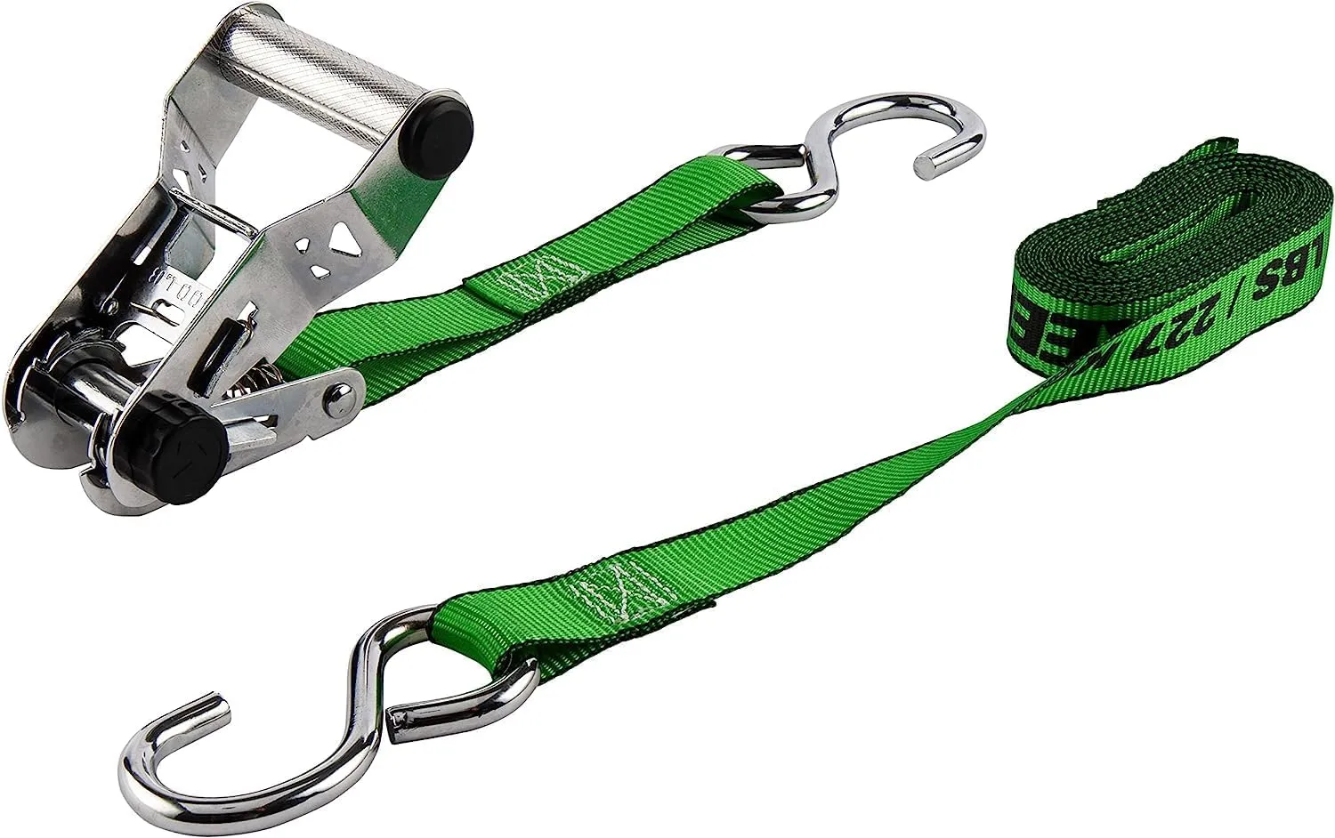 KEEPER Chrome Ratchet Tie-Downs with J-Hooks, Bright Green Webbing, 2-Pack