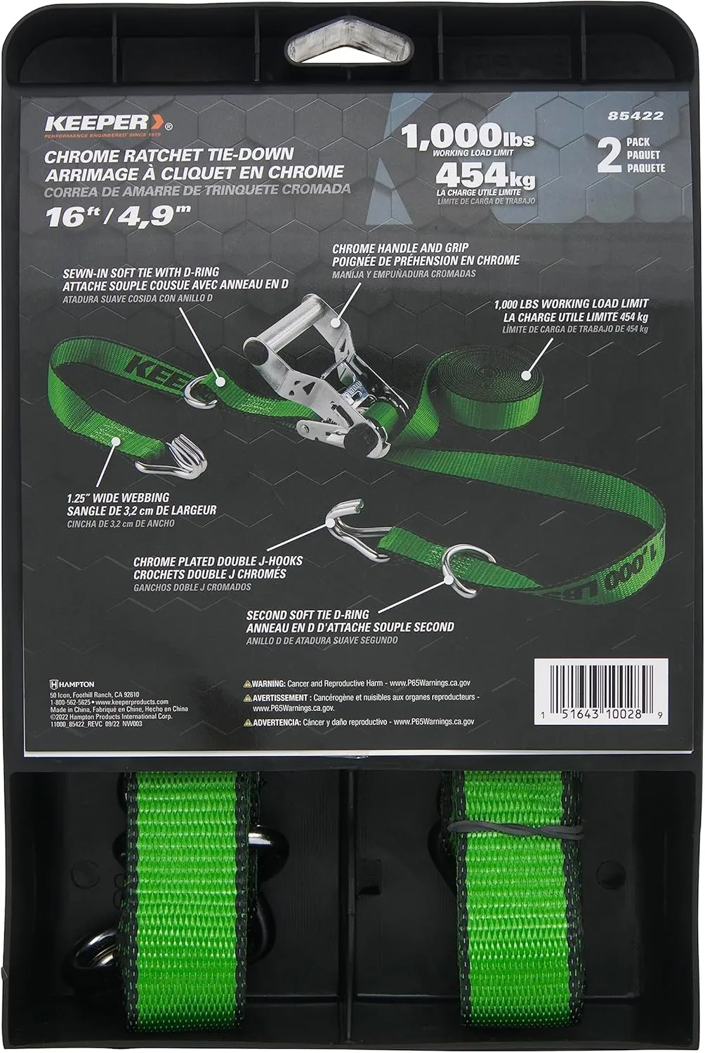 KEEPER Chrome Ratchet Tie-Downs with J-Hooks, Bright Green Webbing, 2-Pack