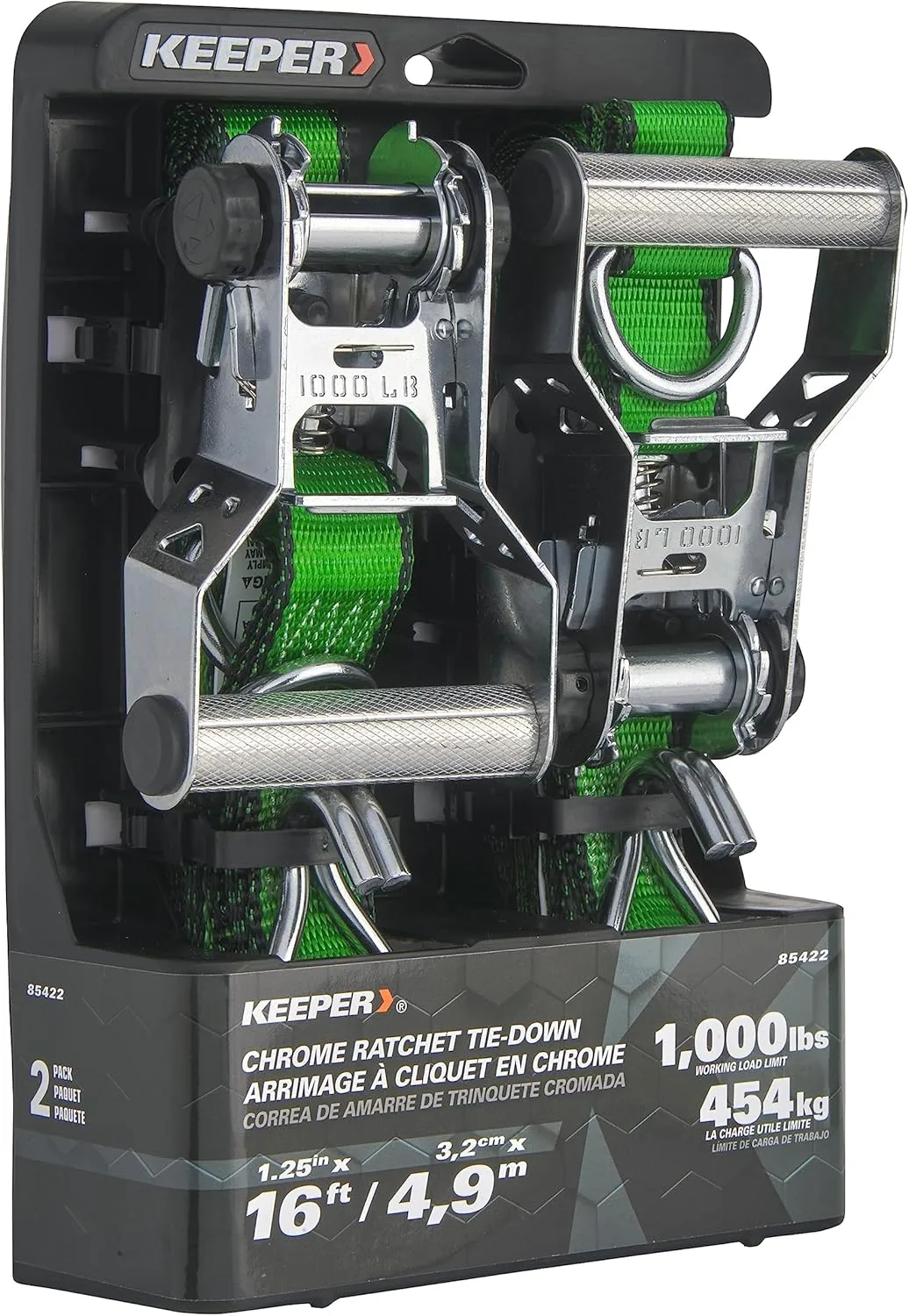 KEEPER Chrome Ratchet Tie-Downs with J-Hooks, Bright Green Webbing, 2-Pack
