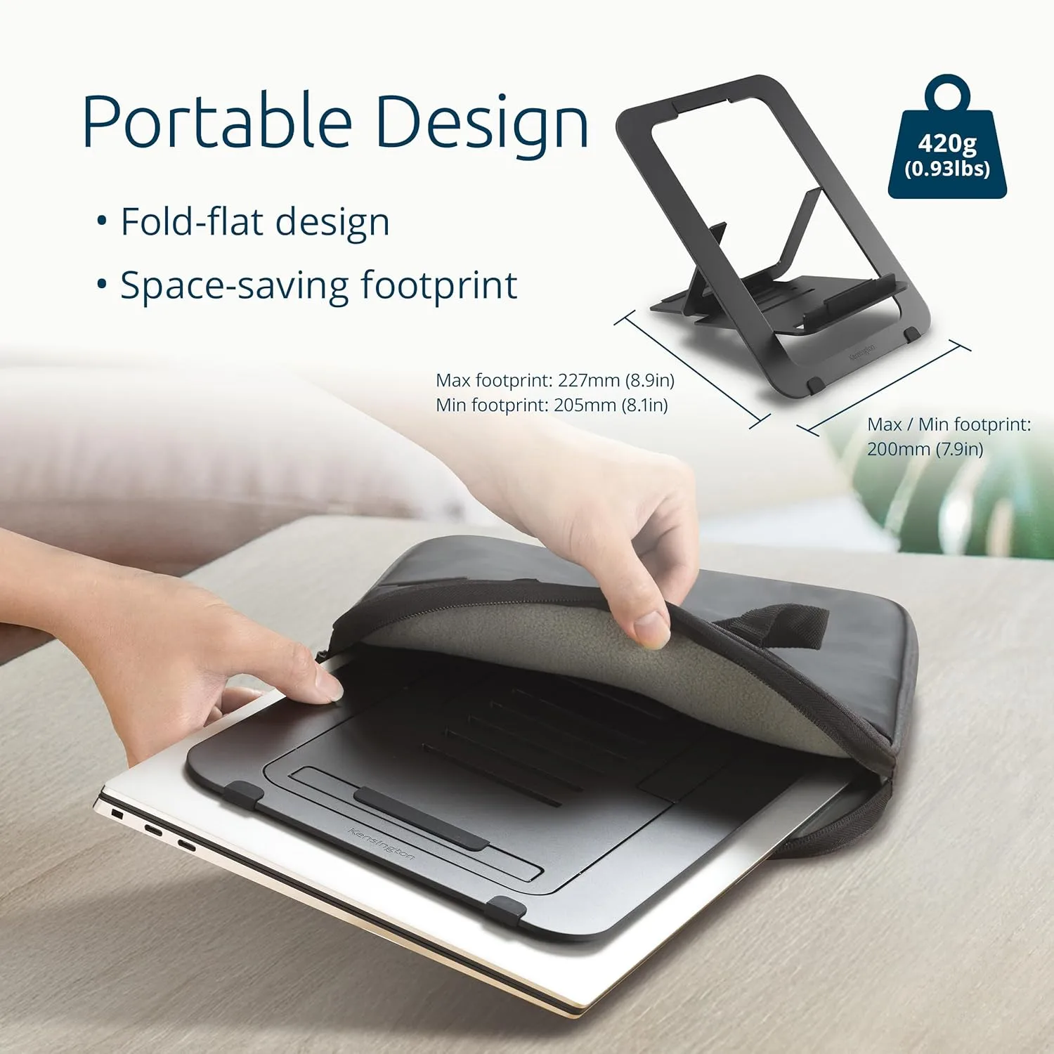 Kensington Adjustable Aluminum Laptop Stand for Desk, Ultra-Slim Lightweight Foldable Portable Notebook Holder