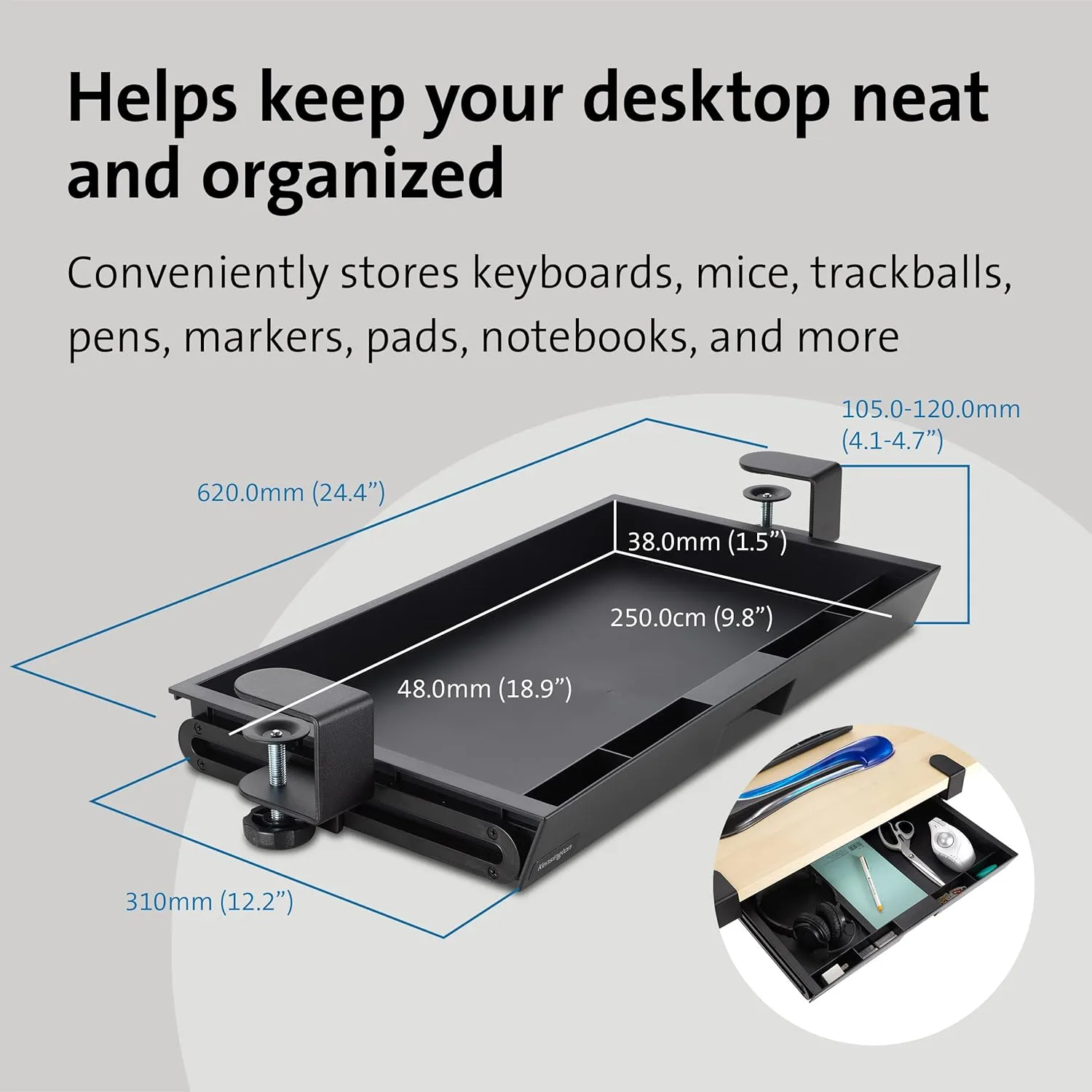 Kensington Clamp-On Storage Drawer, Under Desk Storage Drawer & Damage-Free Installation (K52175WW)