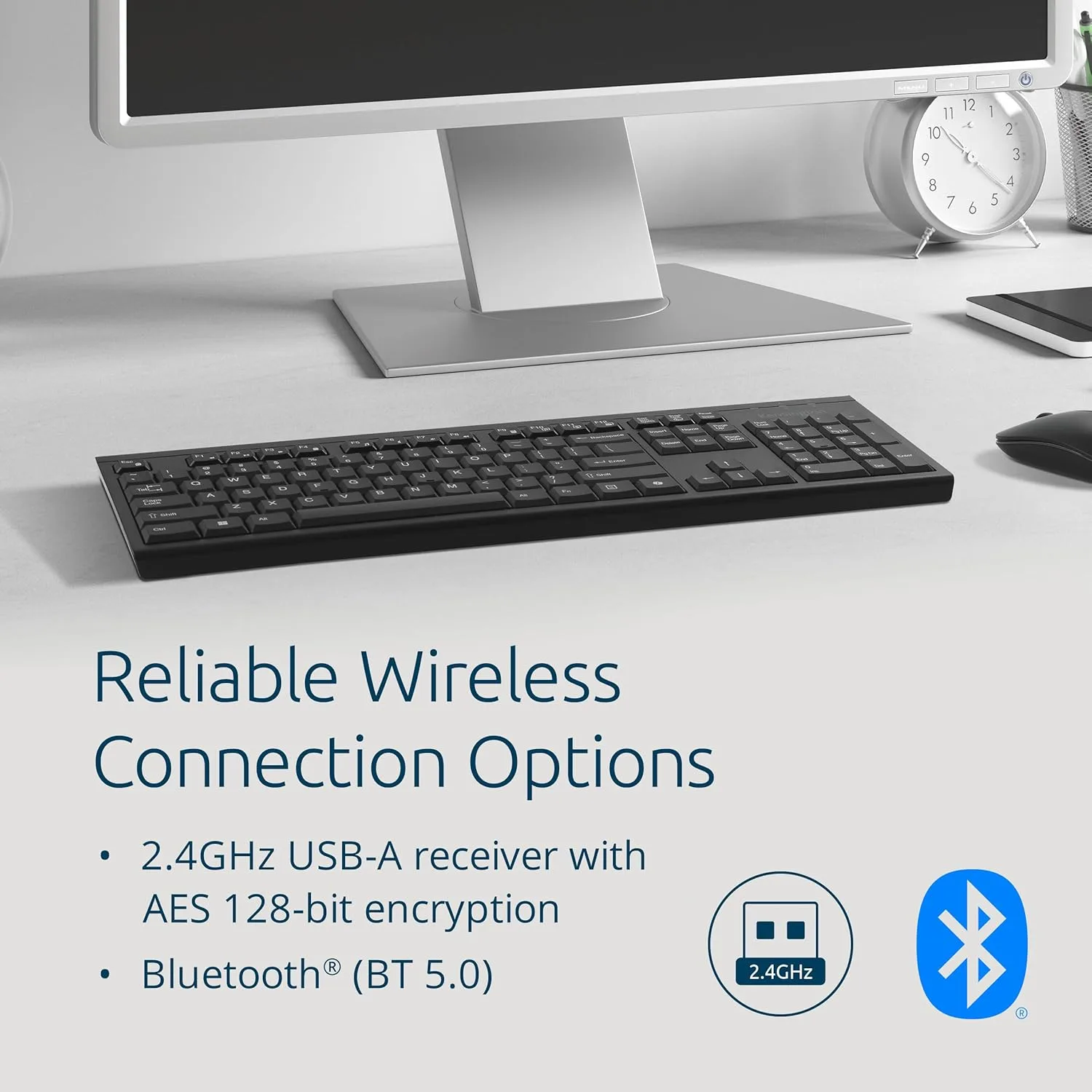 Kensington KB270 EQ Wireless Rechargeable Keyboard, Full-Size, Spill-Proof, 2.4GHz & Bluetooth 5.0 Connection
