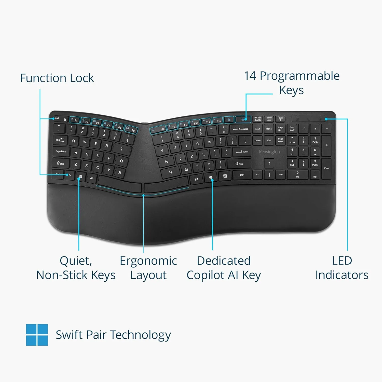 Kensington Pro Fit Ergo EQ Rechargeable Wireless Ergonomic Keyboard & Desktop Set