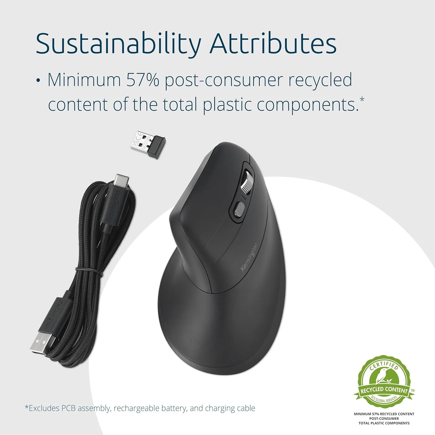 Kensington MY630 EQ Wireless Rechargeable Mouse, Ergonomic Vertical Design, Bluetooth LE, 2.4GHz, Black (K72484NA) Full-Size