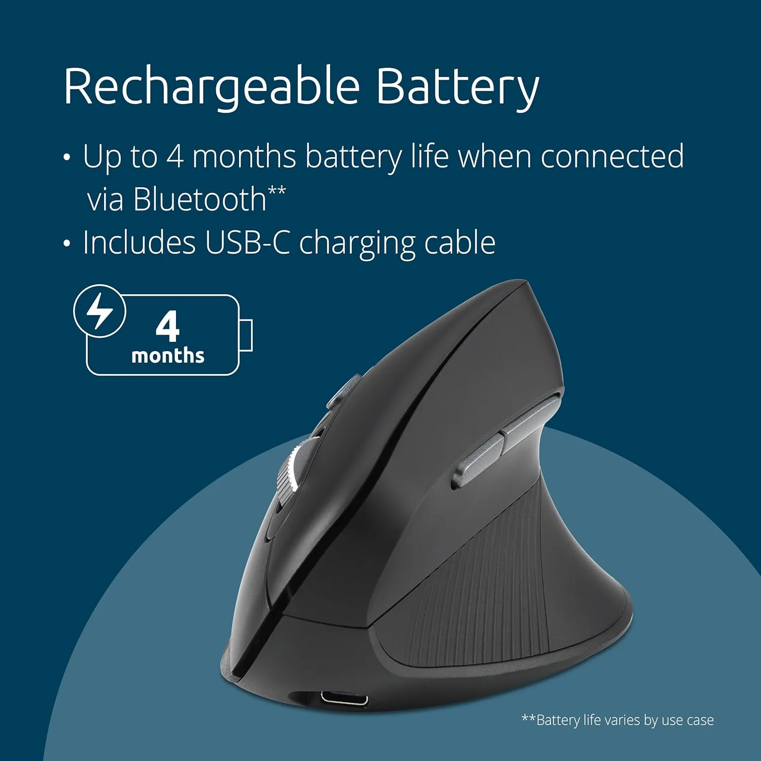 Kensington MY630 EQ Wireless Rechargeable Mouse, Ergonomic Vertical Design, Bluetooth LE, 2.4GHz, Black (K72484NA) Full-Size