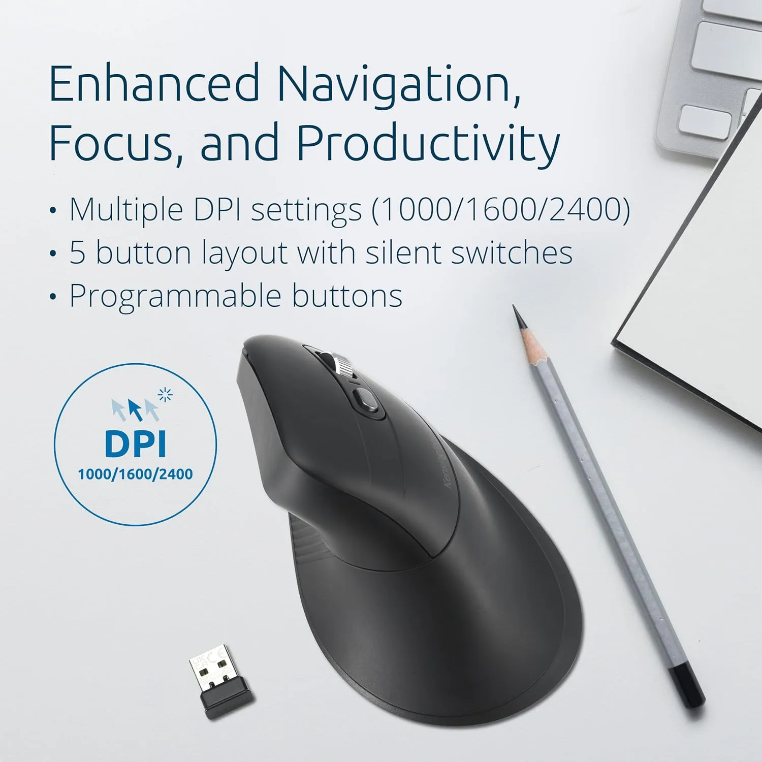 Kensington MY630 EQ Wireless Rechargeable Mouse, Ergonomic Vertical Design, Bluetooth LE, 2.4GHz, Black (K72484NA) Full-Size