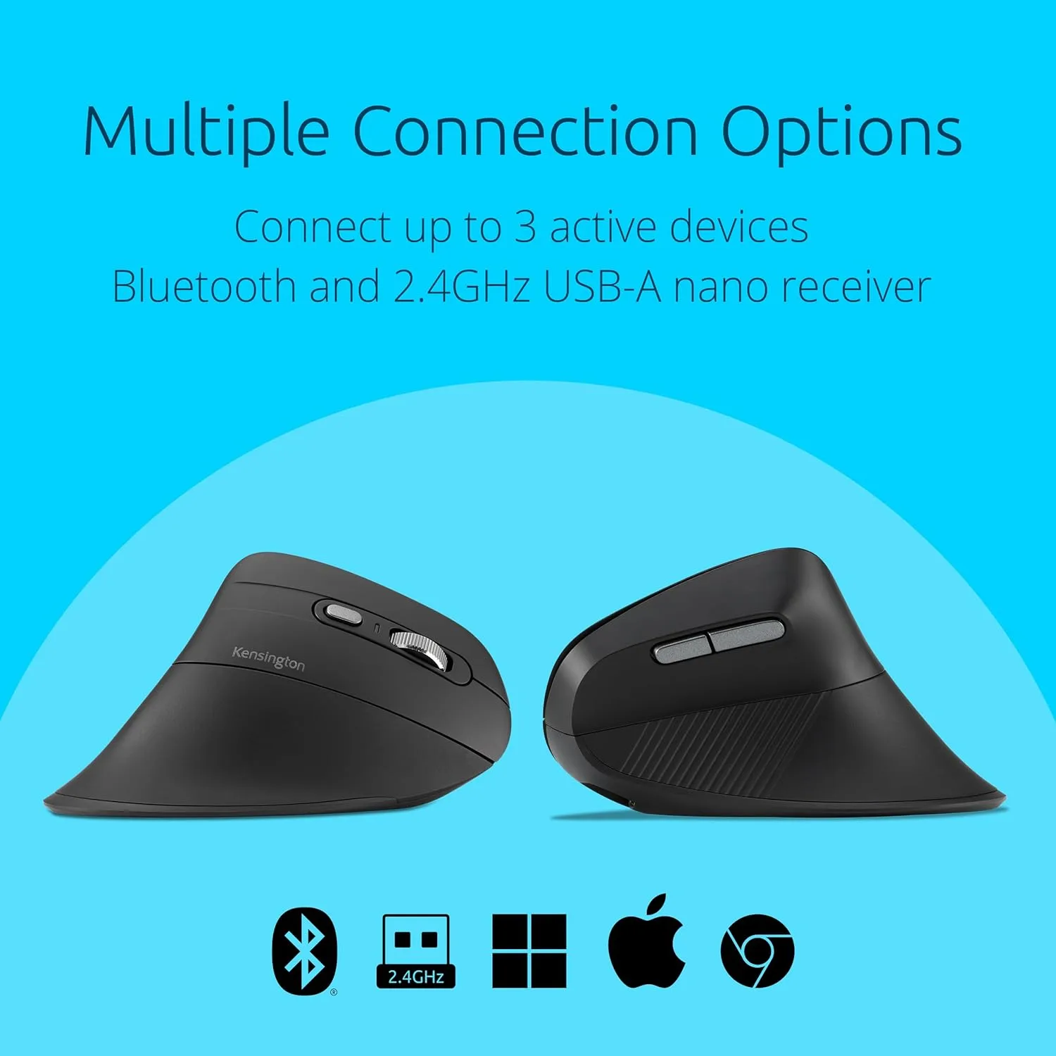 Kensington MY630 EQ Wireless Rechargeable Mouse, Ergonomic Vertical Design, Bluetooth LE, 2.4GHz, Black (K72484NA) Full-Size