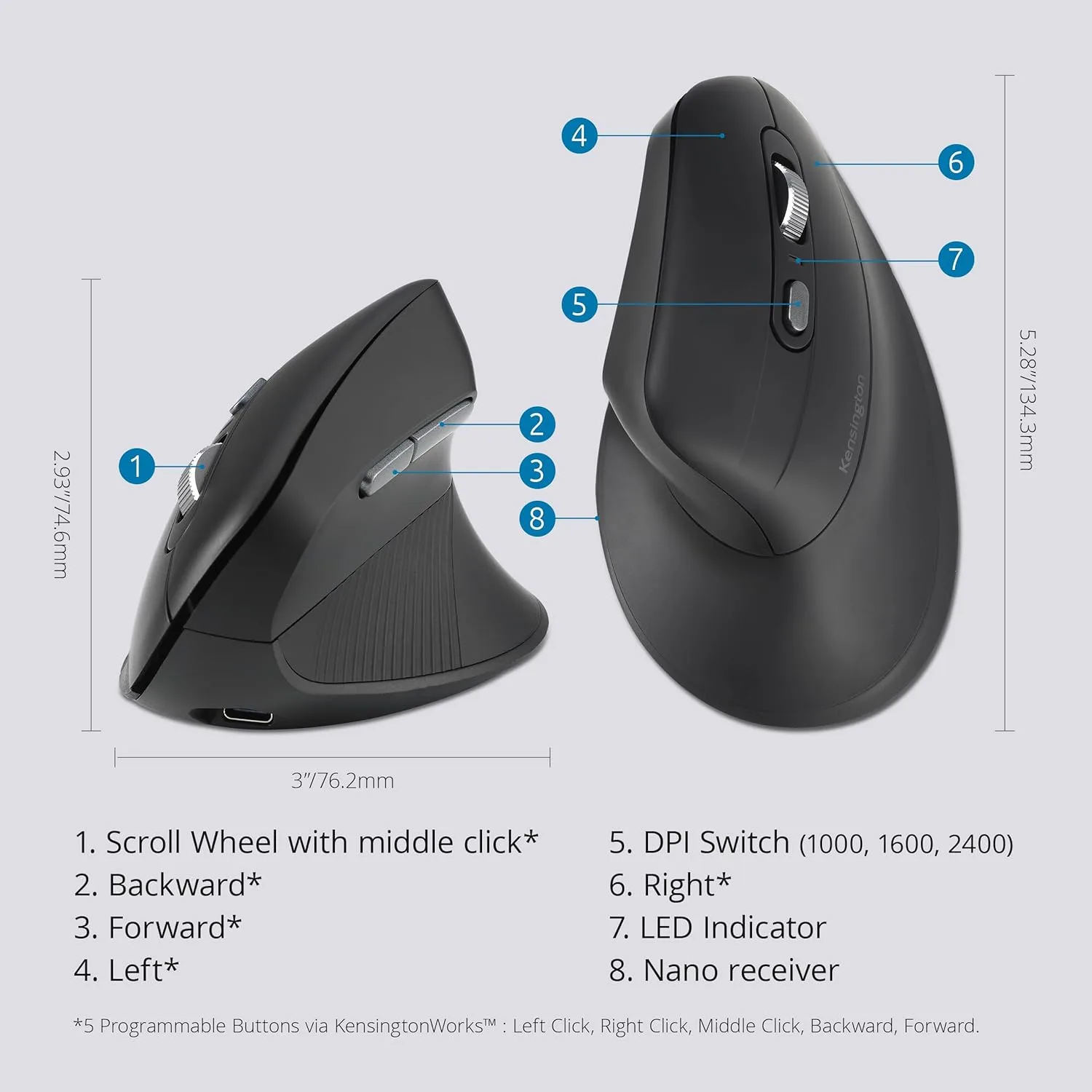 Kensington MY630 EQ Wireless Rechargeable Mouse, Ergonomic Vertical Design, Bluetooth LE, 2.4GHz, Black (K72484NA) Full-Size
