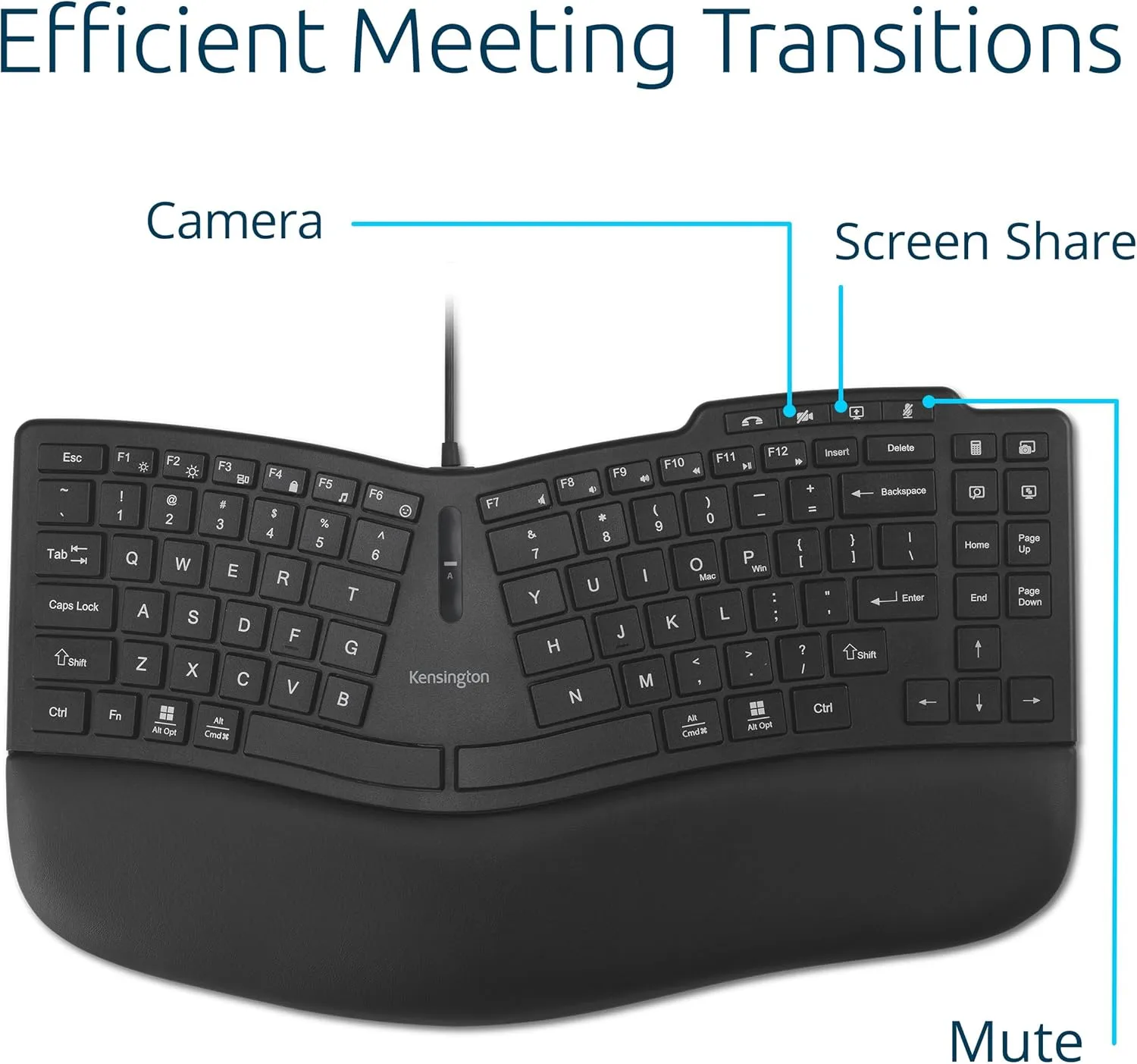 Kensington Pro Fit Ergo KB675 EQ TKL Wired Keyboard, USB-A Connection, Ergonomic Curved Design, Programmable Keys (K75497NA)