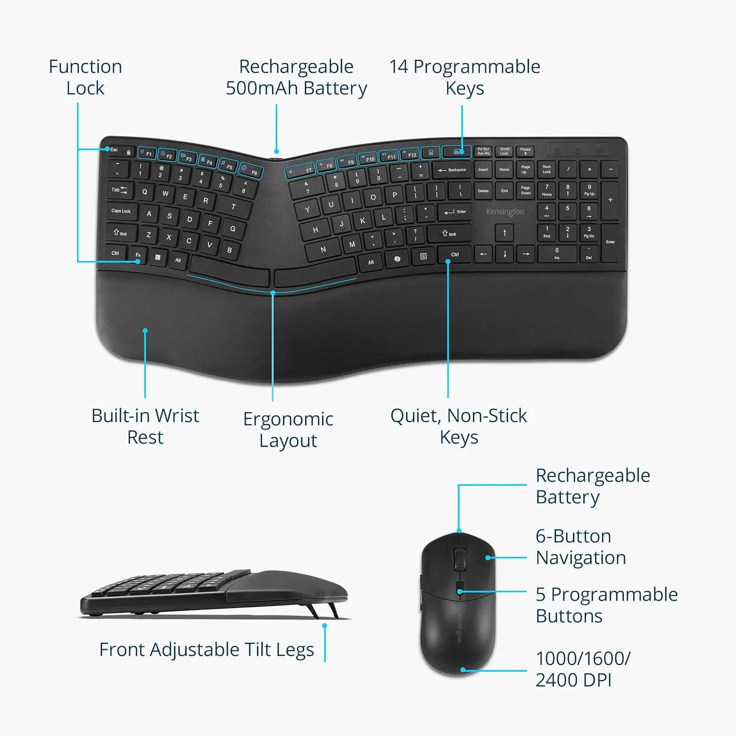 Kensington Pro Fit Ergo EQ Rechargeable Wireless Ergonomic Keyboard & Desktop Set