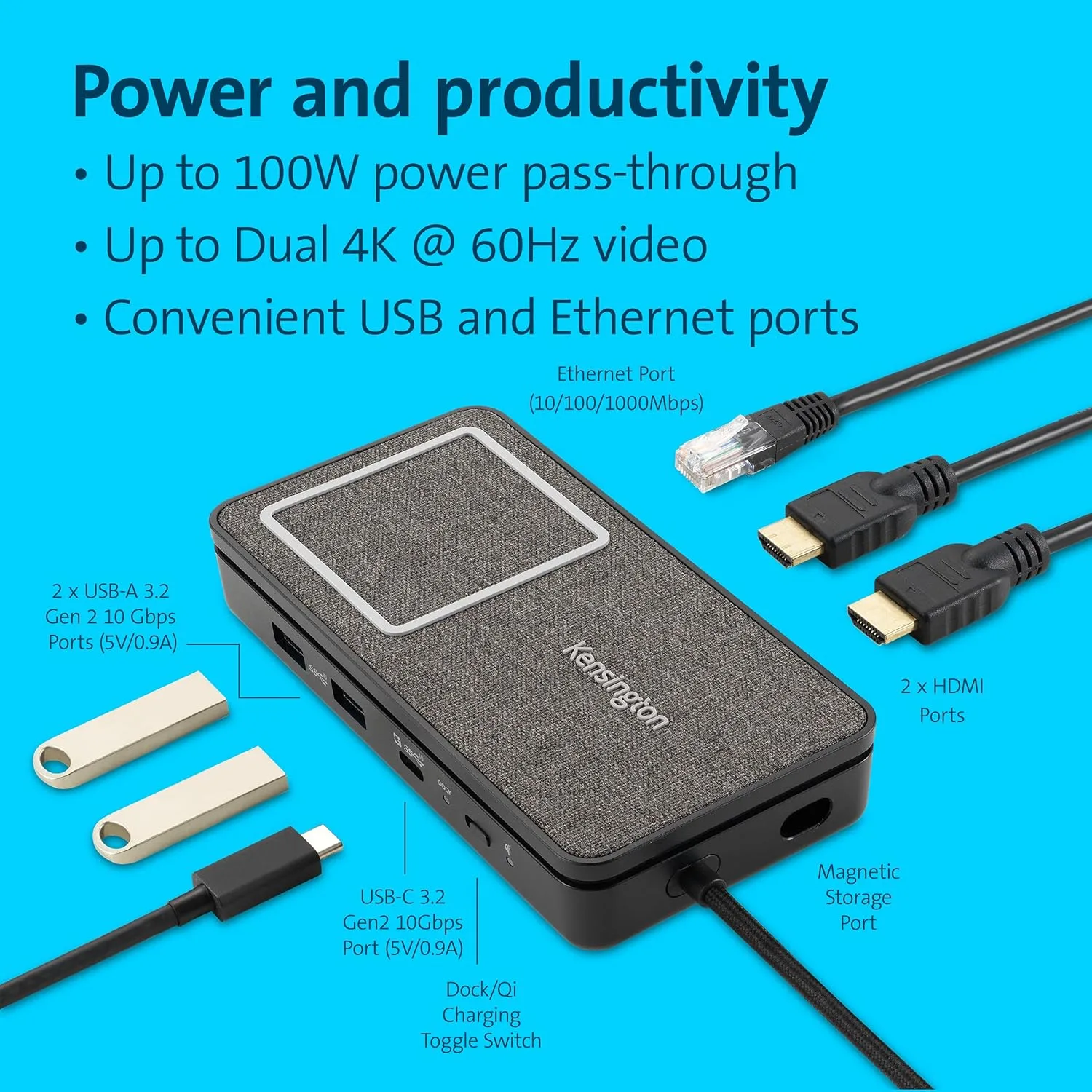 Kensington USB-C Hub with Qi Charging, Dual HDMI 4K@60Hz, 100W PD Pass Through Charging, 1Gbps Ethernet Port