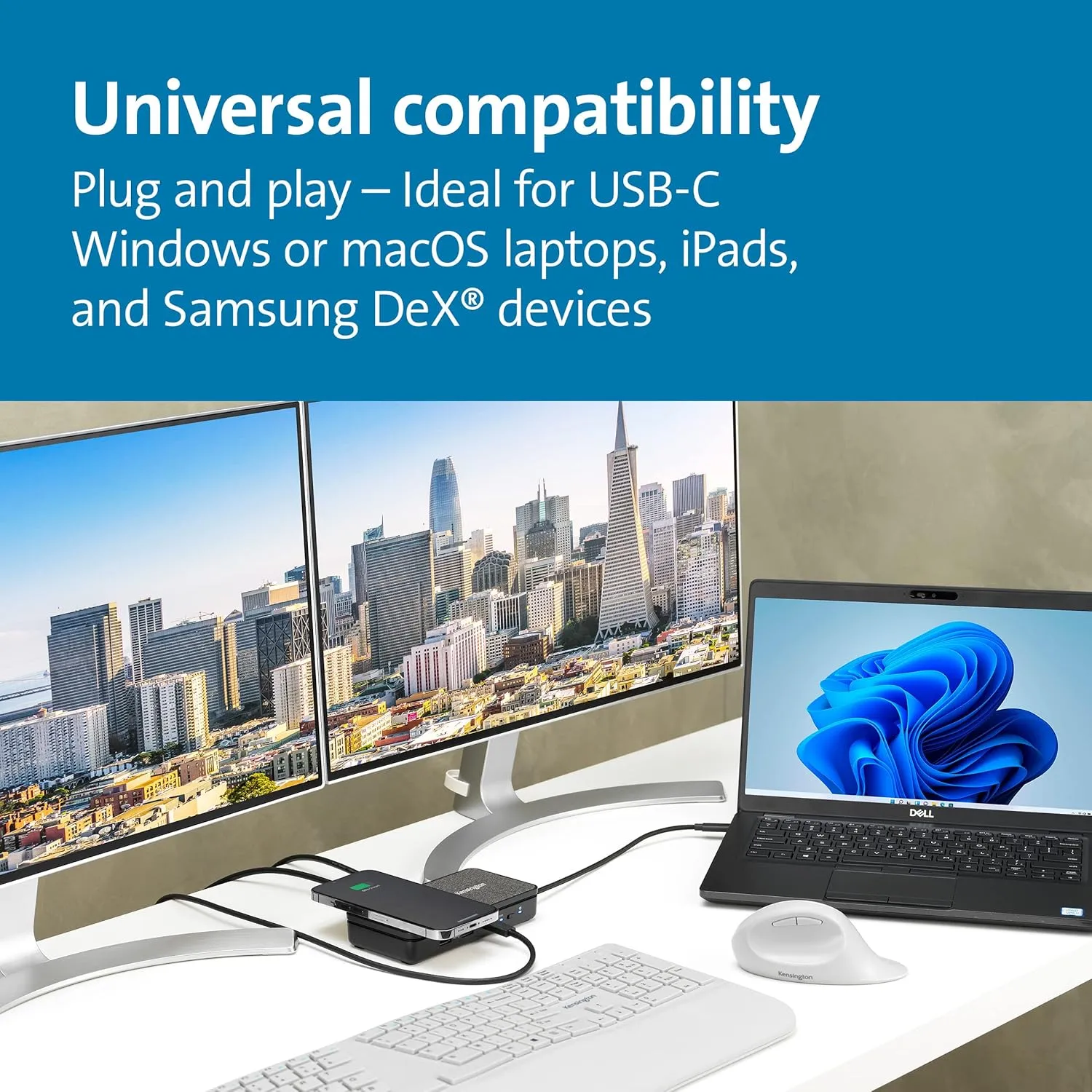 Kensington USB-C Hub with Qi Charging, Dual HDMI 4K@60Hz, 100W PD Pass Through Charging, 1Gbps Ethernet Port