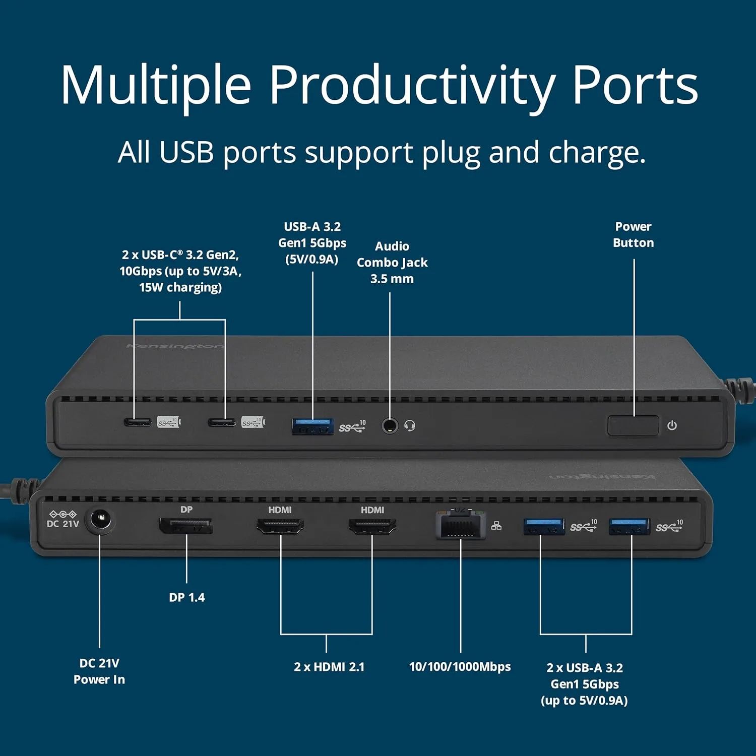 Kensington SD4842P EQ 12-in-1 USB-C Triple Monitor Docking Station vis 2X HDMI & 1x DisplayPort, 100W PD, Ethernet, Audio Jack, Security Lock Slots, for Windows and USB-C Alt-Mode Laptops (K32810NA)