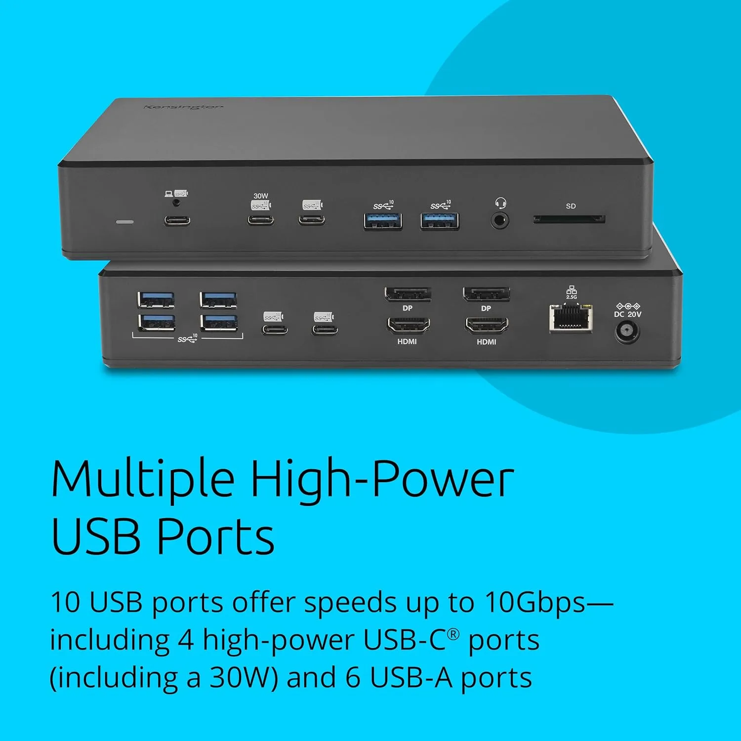 Kensington SD4880P USB-C 4k Quad Monitor Docking Station, 6 x USB-A & 4 x USB-C, 2Gbps Ethernet, 100W PD, Audio Jack