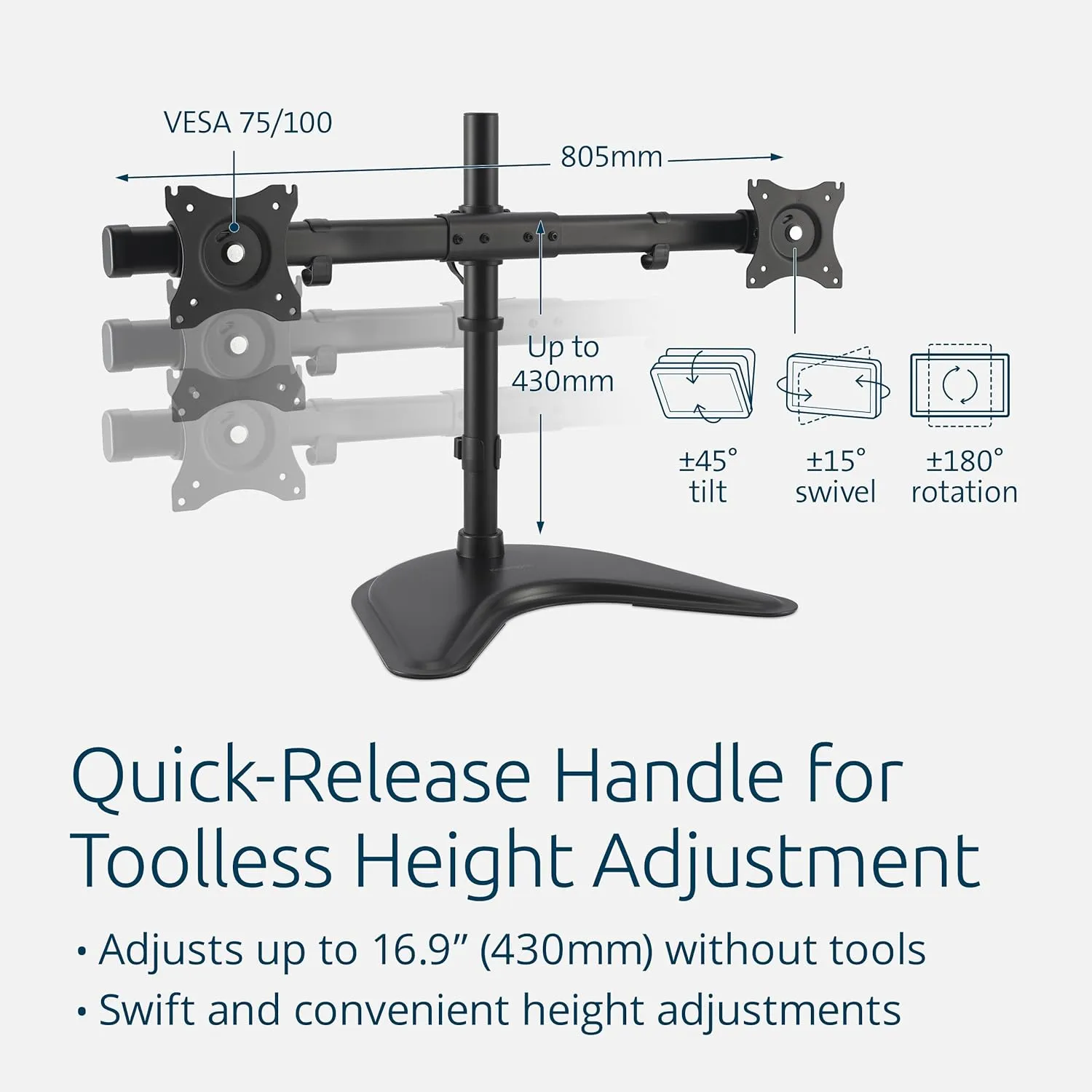 Kensington SmartFit Ergo Freestanding Dual Monitor Stand for 2 Screens Up To 27 Inch 22lbs, Quick-release Handle