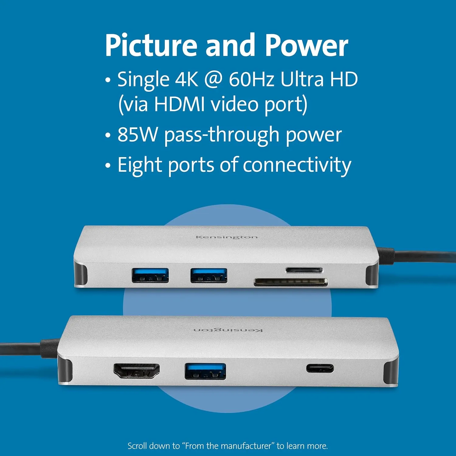 Kensington UH1400P 8-in-1 USB-C Hub with 85W Pass Through Charging Power Delivery, 4K 60Hz HDMI, Ethernet, MicroSD Card