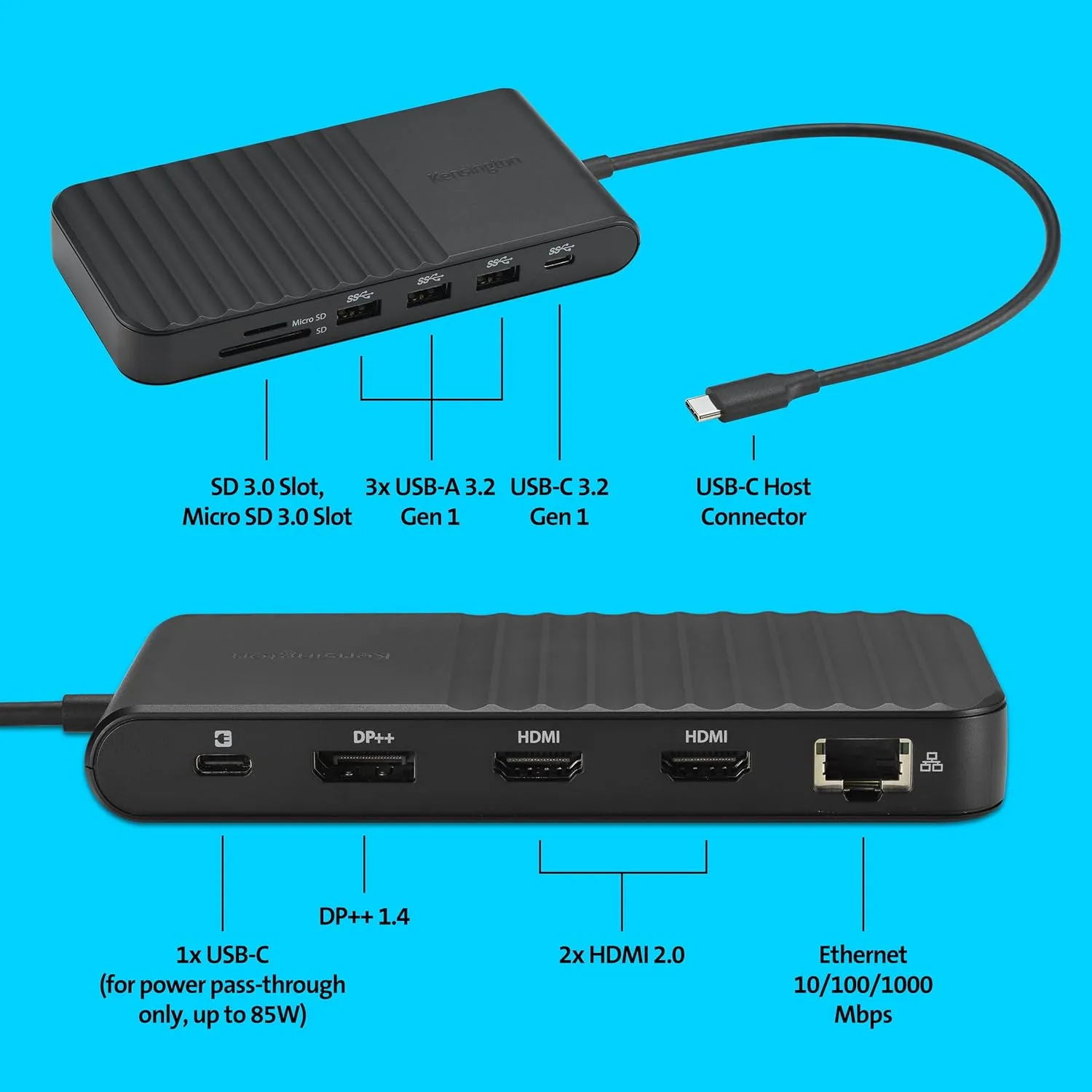 Kensington UH1510P USB C Hub 11-in-1 Triple Display with 2 HDMI 1 DP++, 85W Power Charging, Ethernet, SD/MicroSD Card Slots