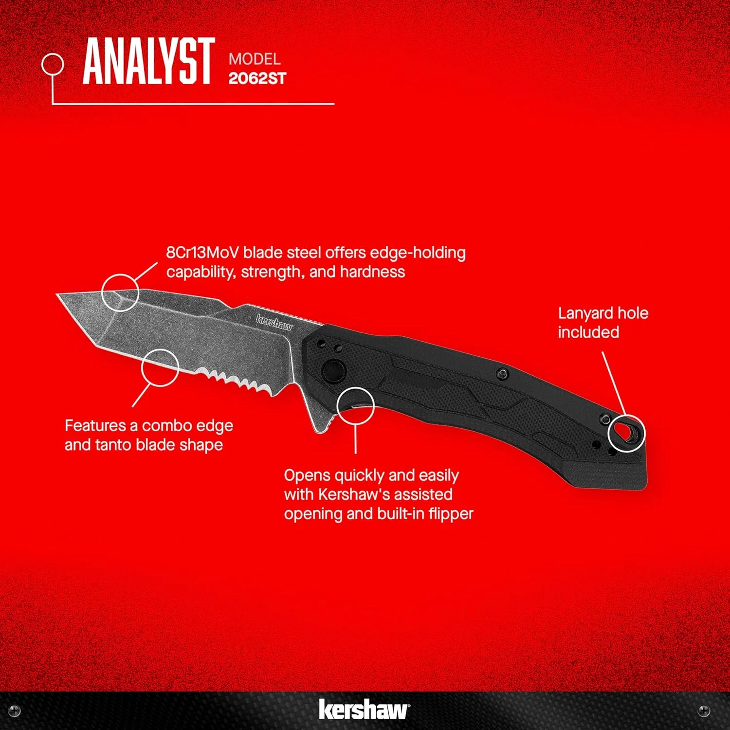 Kershaw Analyst Tanto Pocket Knife, 3.25" 8Cr13MoV Steel Blade, Liner Lock Folder, EDC Black
