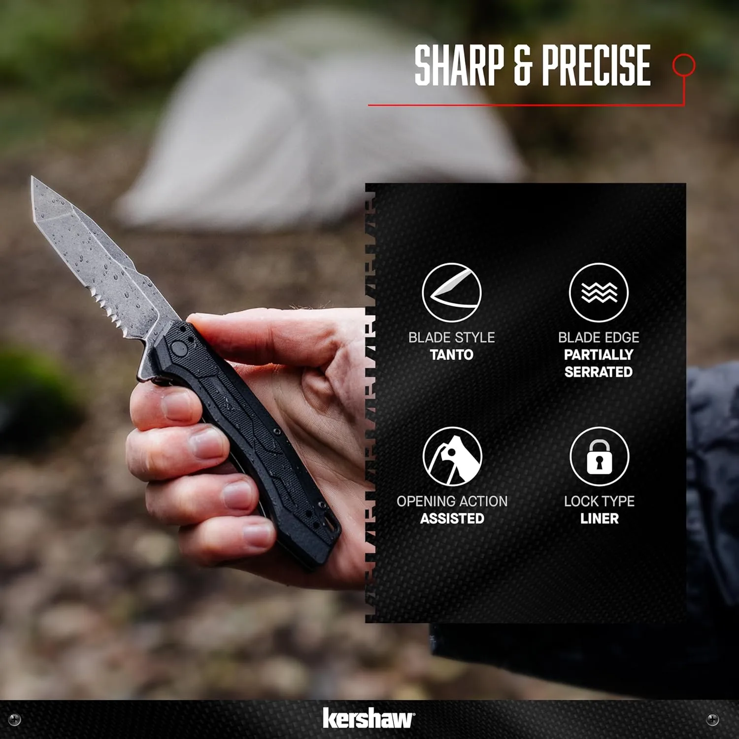Kershaw Analyst Tanto Pocket Knife, 3.25" 8Cr13MoV Steel Blade, Liner Lock Folder, EDC Black
