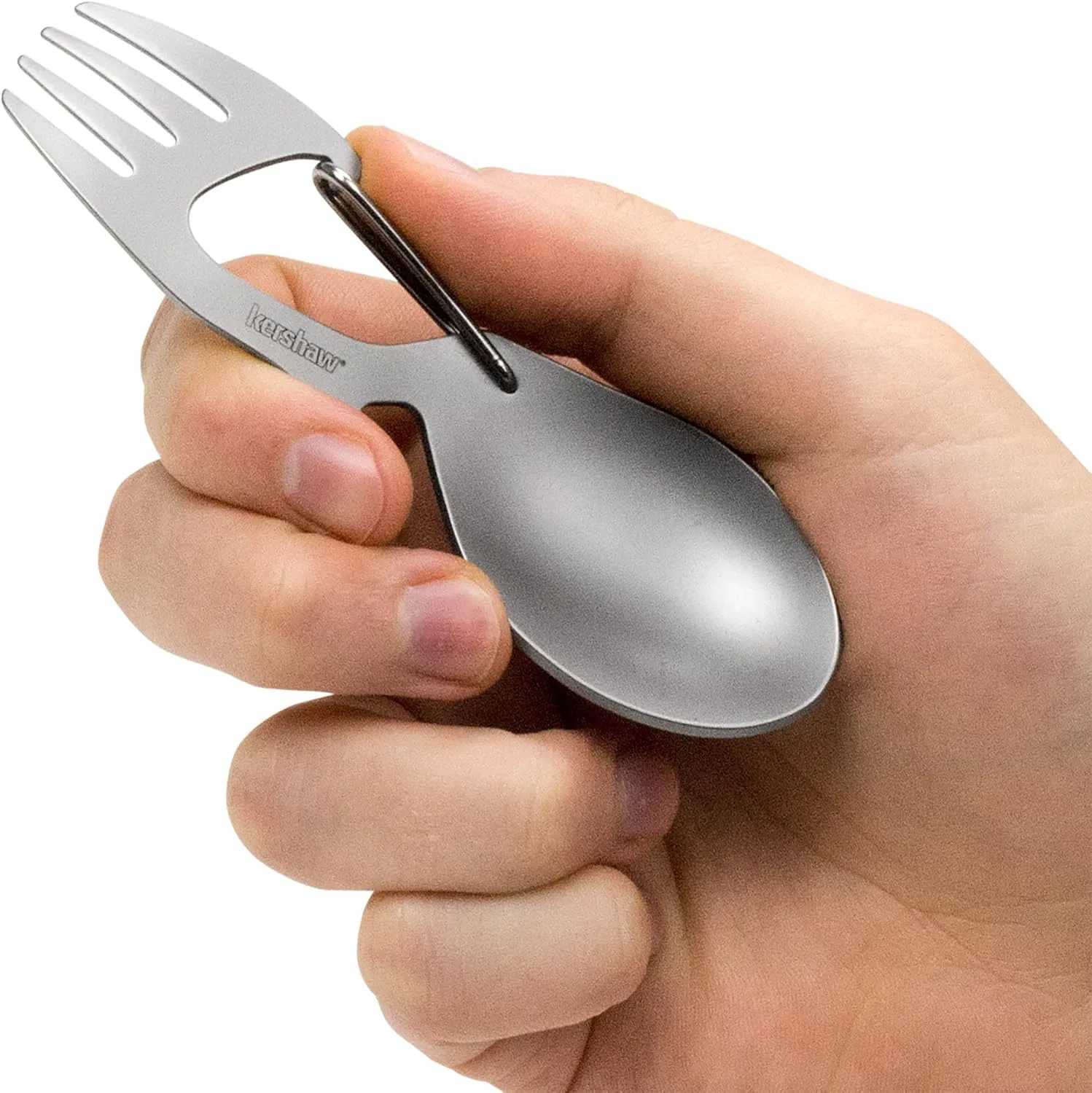 Kershaw Ration Multi Tool Spork, Stainless Steel Spoon, Fork, Carabiner and Bottle Opener, Regular and XL Sizes Silver