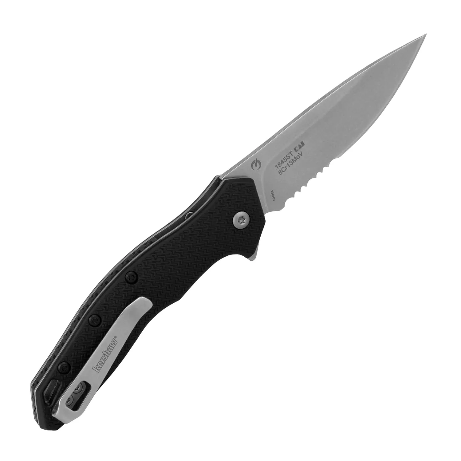 Kershaw Shoreline Folding Pocket Knife, All Purpose 3 inch Serrated Blade, Deep Carry Pocketclip, Black GFN Handle