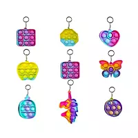 POP IT Keychain Combo Pack of 9 Assorted Mini Fidget Toys | Silicone Sensory Keychains for Kids