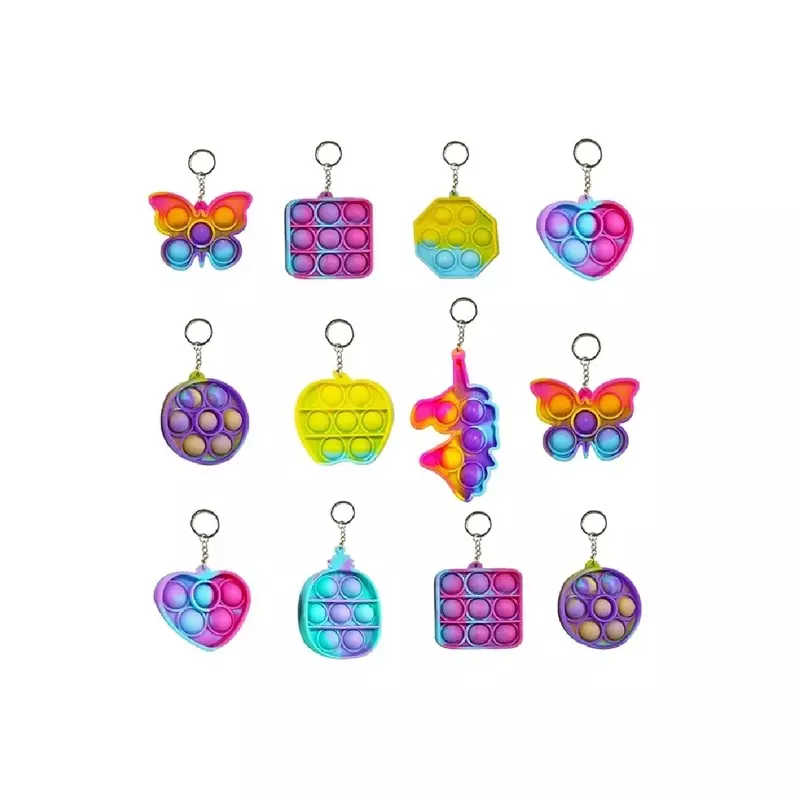 POP IT Keychain Combo Pack of 12 Assorted Mini Fidget Toys | Silicone Sensory Keychains for Kids