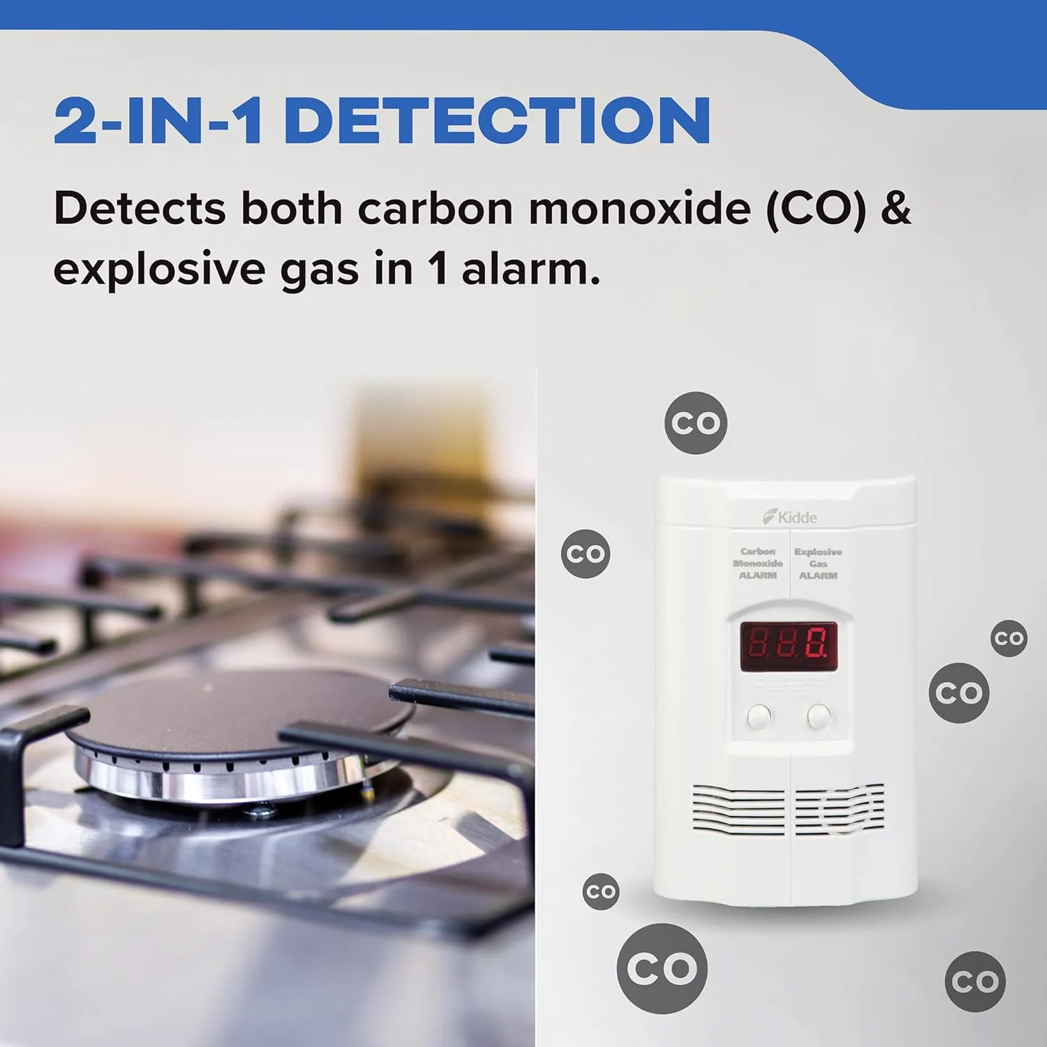 Kidde Carbon Monoxide Detector, Propane, Natural, Methane, & Explosive Gas Alarm, Plug-In Wall with 9-Volt Battery Backup