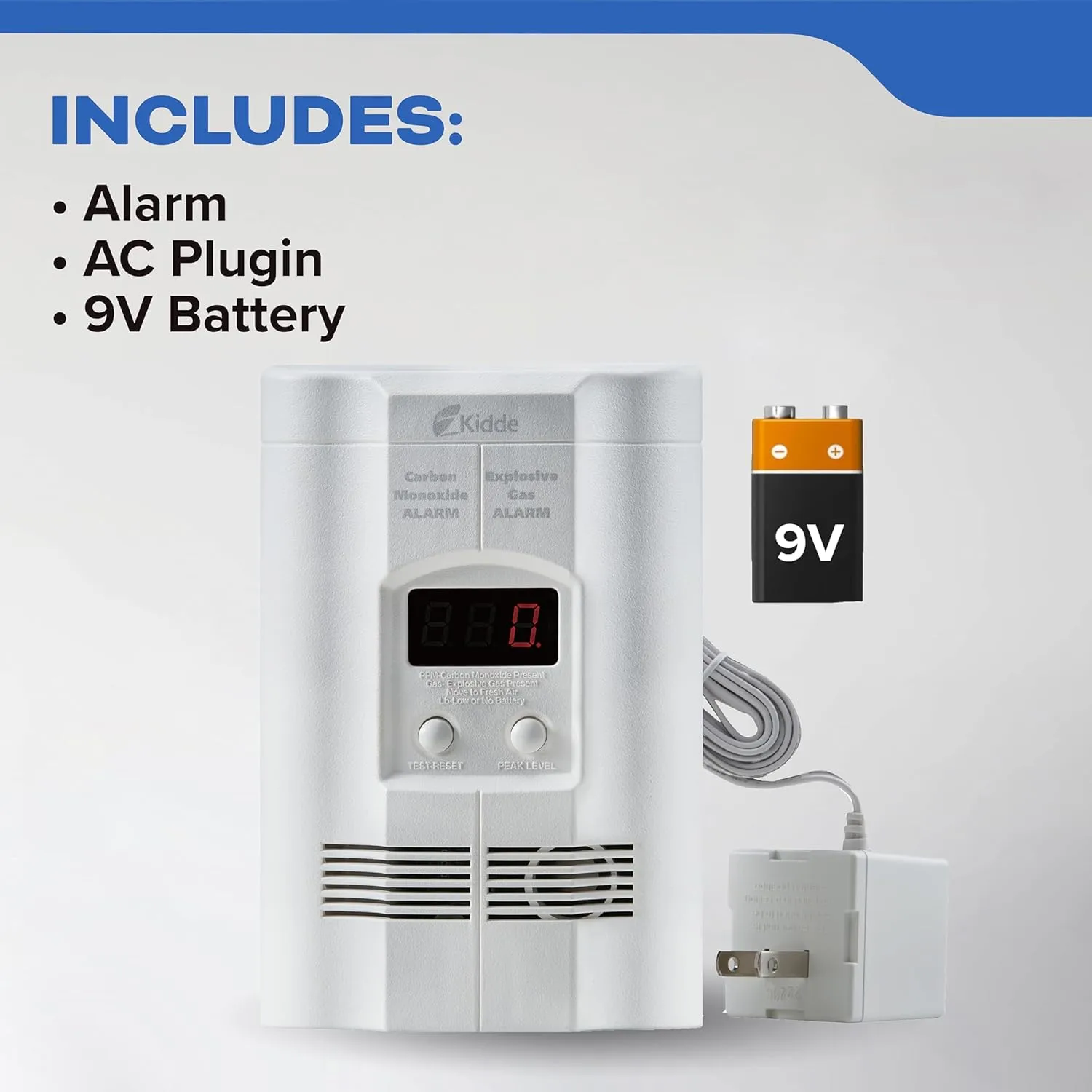 Kidde Carbon Monoxide Detector, Propane, Natural, Methane, & Explosive Gas Alarm, Plug-In Wall with 9-Volt Battery Backup