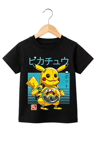 Kids' Retro Mecha Pikachu Graphic Black T-Shirt