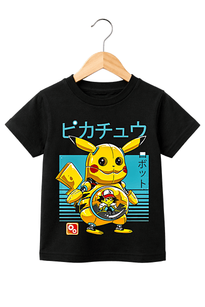 Kids' Retro Mecha Pikachu Graphic Black T-Shirt