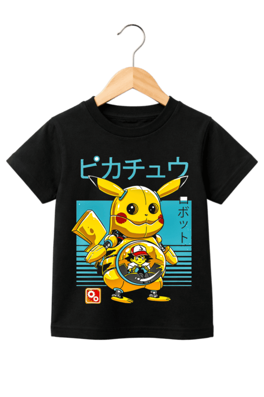 Kids' Retro Mecha Pikachu Graphic Black T-Shirt