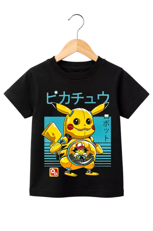 Kids' Retro Mecha Pikachu Graphic Black T-Shirt