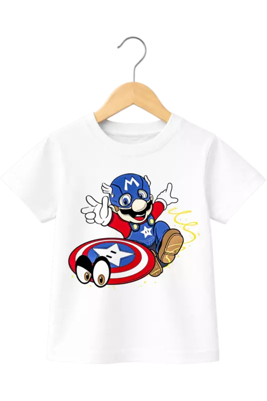 Kids' Super Hero Mario Mashup Graphic White T-Shirt