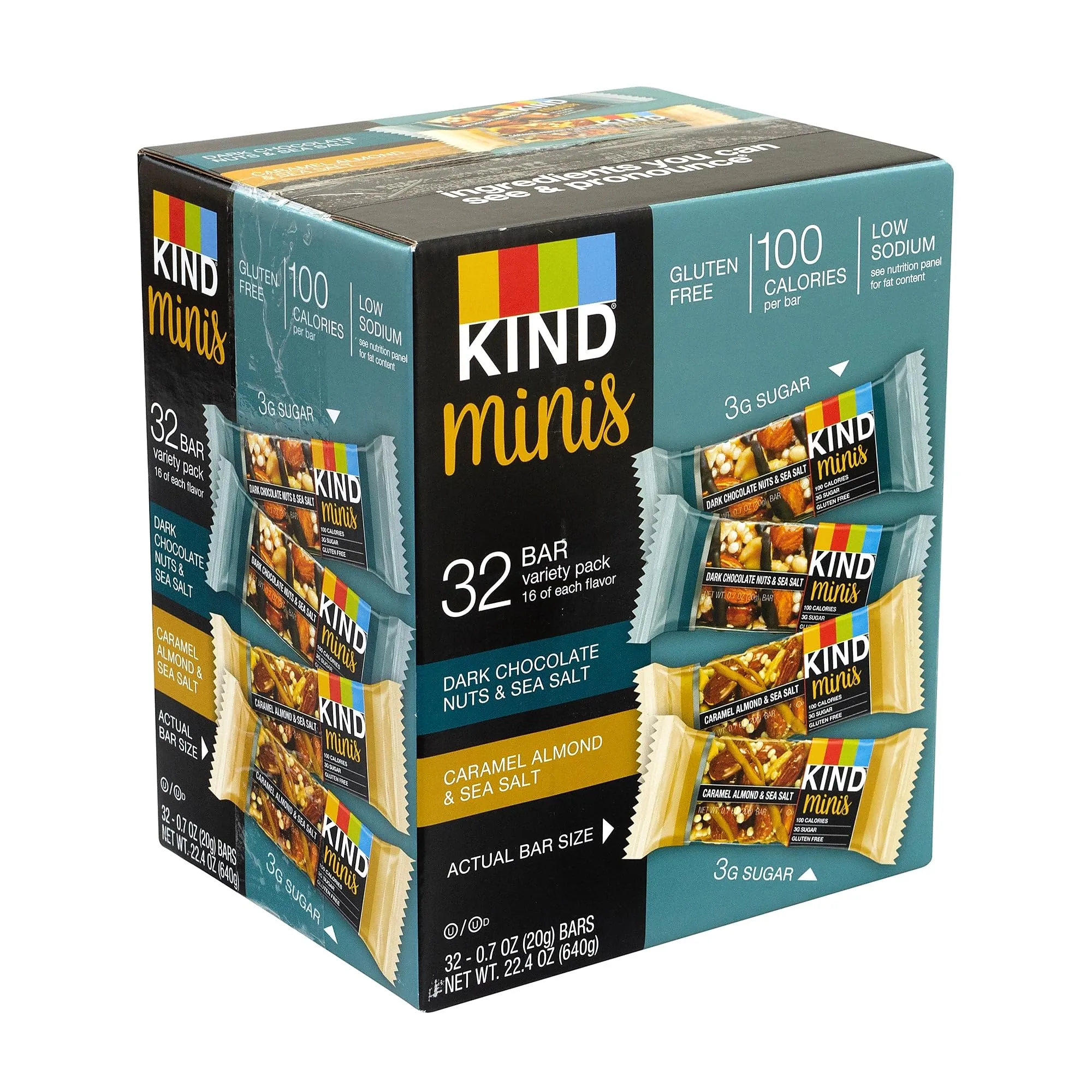 KIND Minis Dark Chocolate Nuts & Sea Salt and Caramel Almond & Sea Salt Variety, 0.7 oz, 32 Count