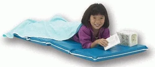 KinderMat, Jr. Daydreamer 2" Thick Rest Mat, 4-Section Rest Mat, 44" x 19" x 2", Blue/Teal with Grey Binding