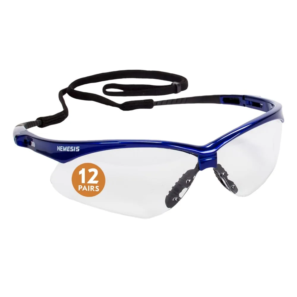 KleenGuard V30 Nemesis Safety Glasses (47384), Clear Anti-Fog Lens with Metallic Blue Frame, 12 Pairs / Case
