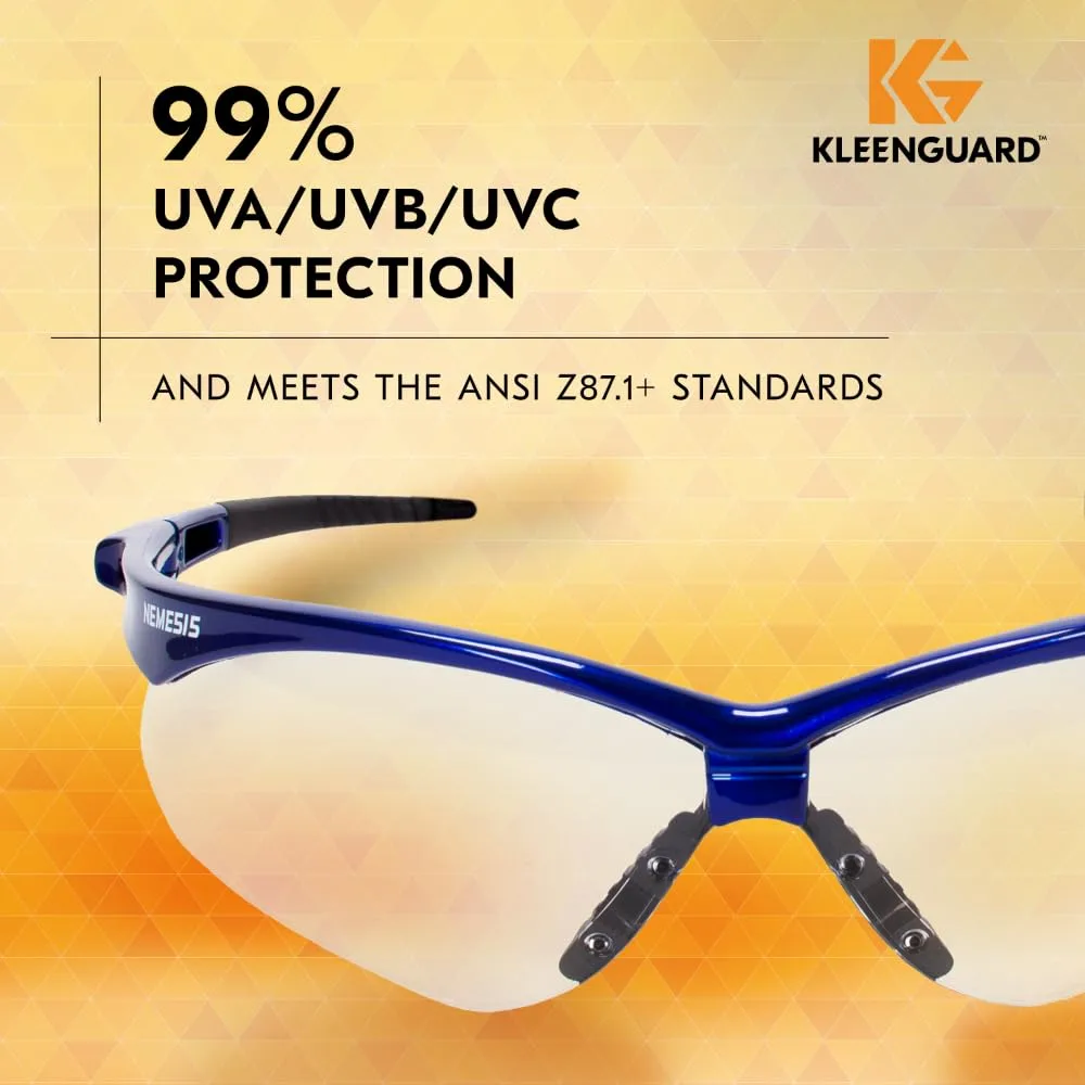 KleenGuard V30 Nemesis Safety Glasses (47384), Clear Anti-Fog Lens with Metallic Blue Frame, 12 Pairs / Case