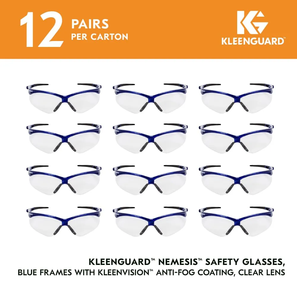 KleenGuard V30 Nemesis Safety Glasses (47384), Clear Anti-Fog Lens with Metallic Blue Frame, 12 Pairs / Case