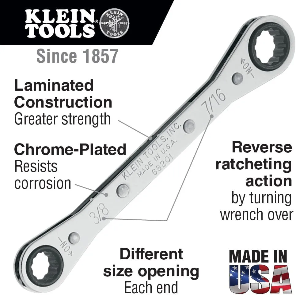 Klein Tools Ratcheting Box Wrench with Reverse Ratcheting and Chrome Plated Finish