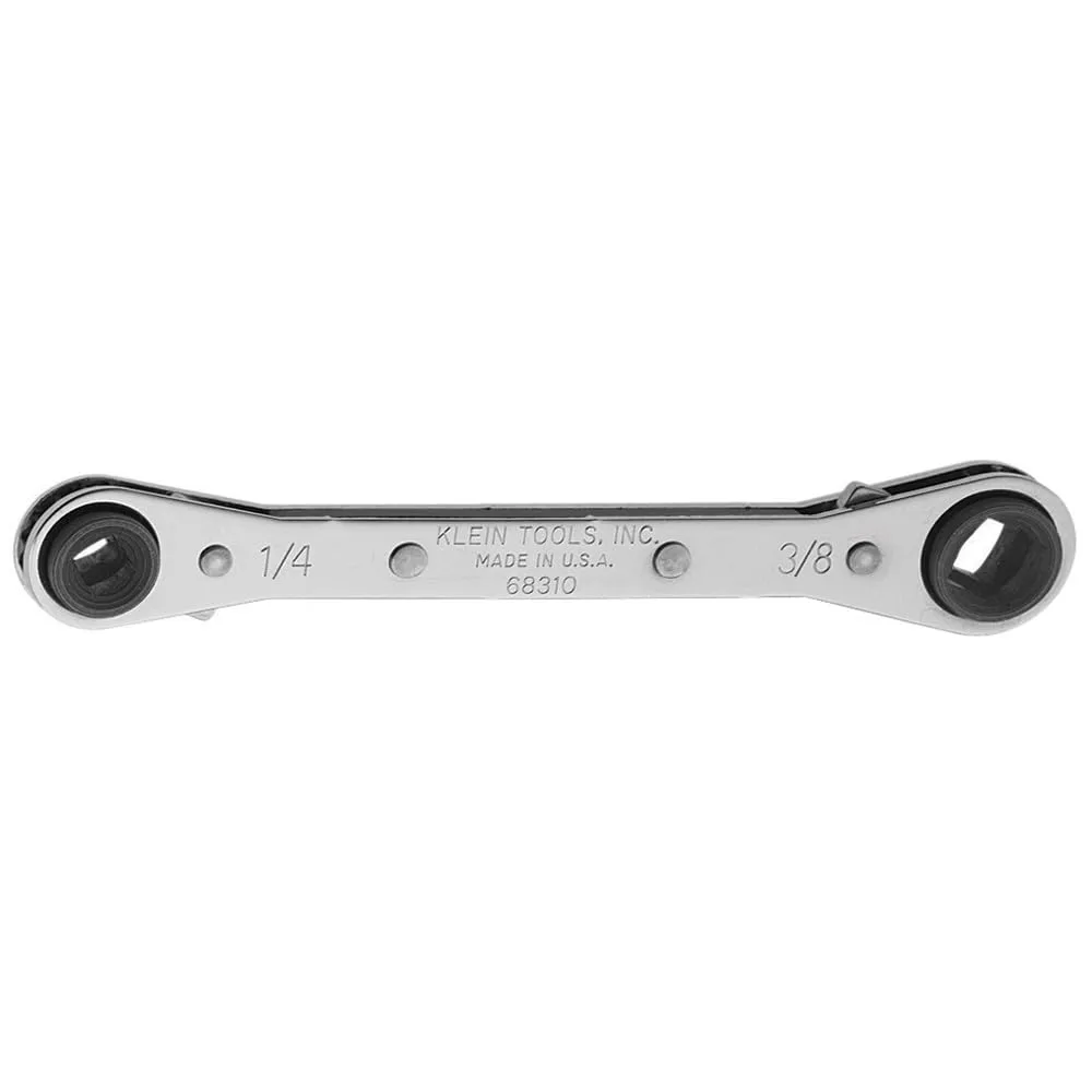 Klein Tools 68310 Ratcheting Refrigeration Wrench, Made in USA, Reversible Wrench with 3/16 and 5/16-Inch Square and 1/4 and 3/8-Inch Square Sizes 5-1/2''