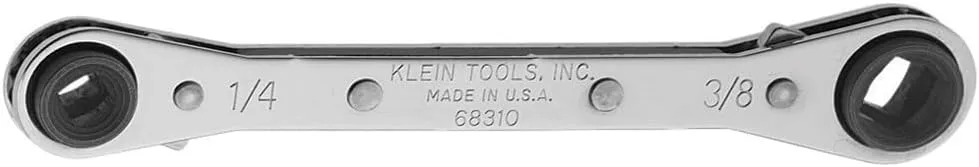 Klein Tools 68310 Ratcheting Refrigeration Wrench, Made in USA, Reversible Wrench with 3/16 and 5/16-Inch Square and 1/4 and 3/8-Inch Square Sizes 5-1/2''