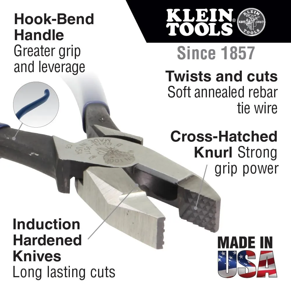Klein Tools D2000-9ST Pliers, Made in USA, Side Cutters are Heavy-Duty 9-Inch Ironworker Pliers for Rebar, ACSR, Screws