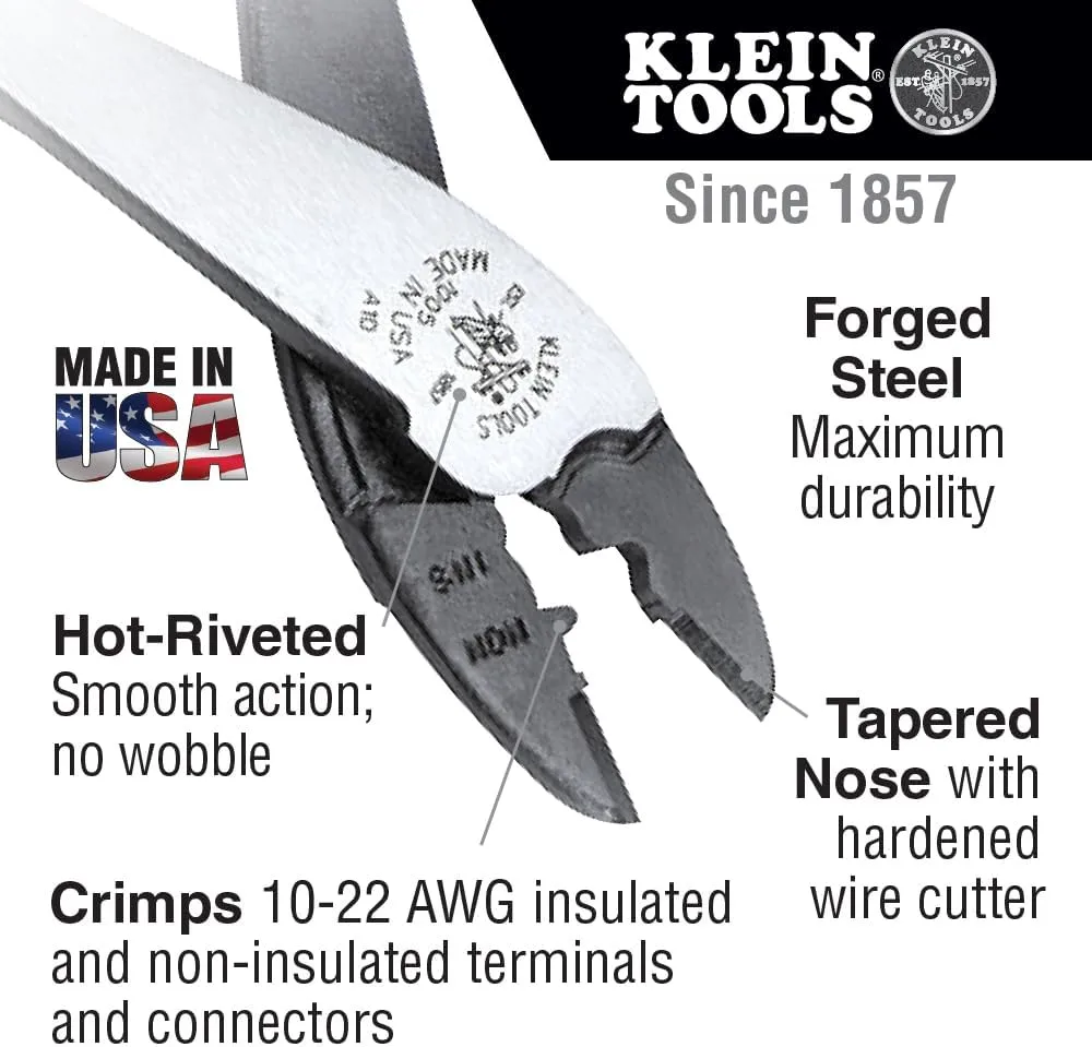 Klein Tools J1005 Crimping and Cutting Tool, Made in USA, Tapered Nose for 10 to 22 AWG Solderless Terminals and Connectors
